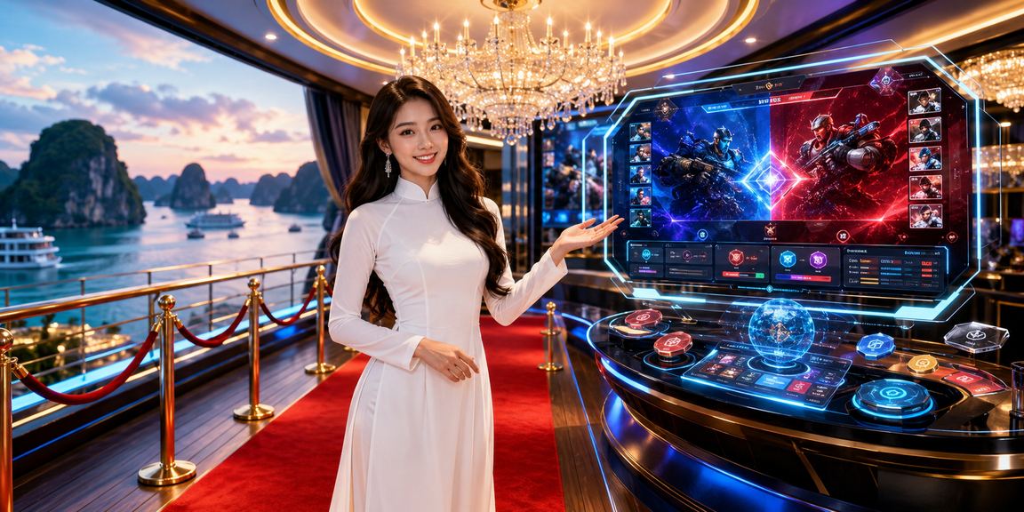 Người chơi trong trang phục áo dài tham gia cá cược esports trên vịnh Hạ Long